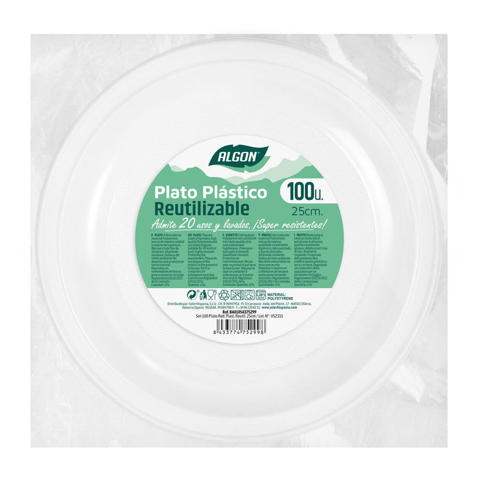 Lot d'assiettes réutilisables Algon Rond Blanc 25 x 25 x 2,5 cm Plastique 100 Unités