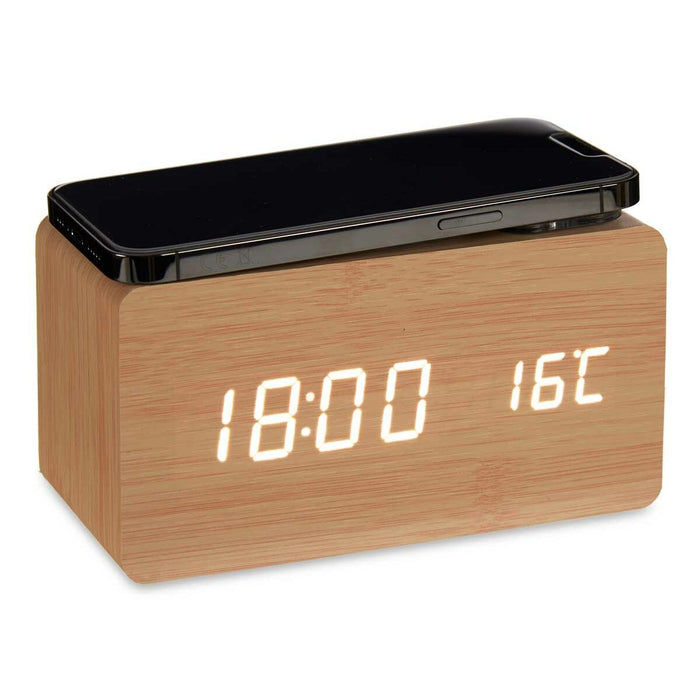 Montre-Réveil avec Chargeur sans Fil Marron PVC Bois MDF 15 x 7,5 x 7 cm (12 Unités)